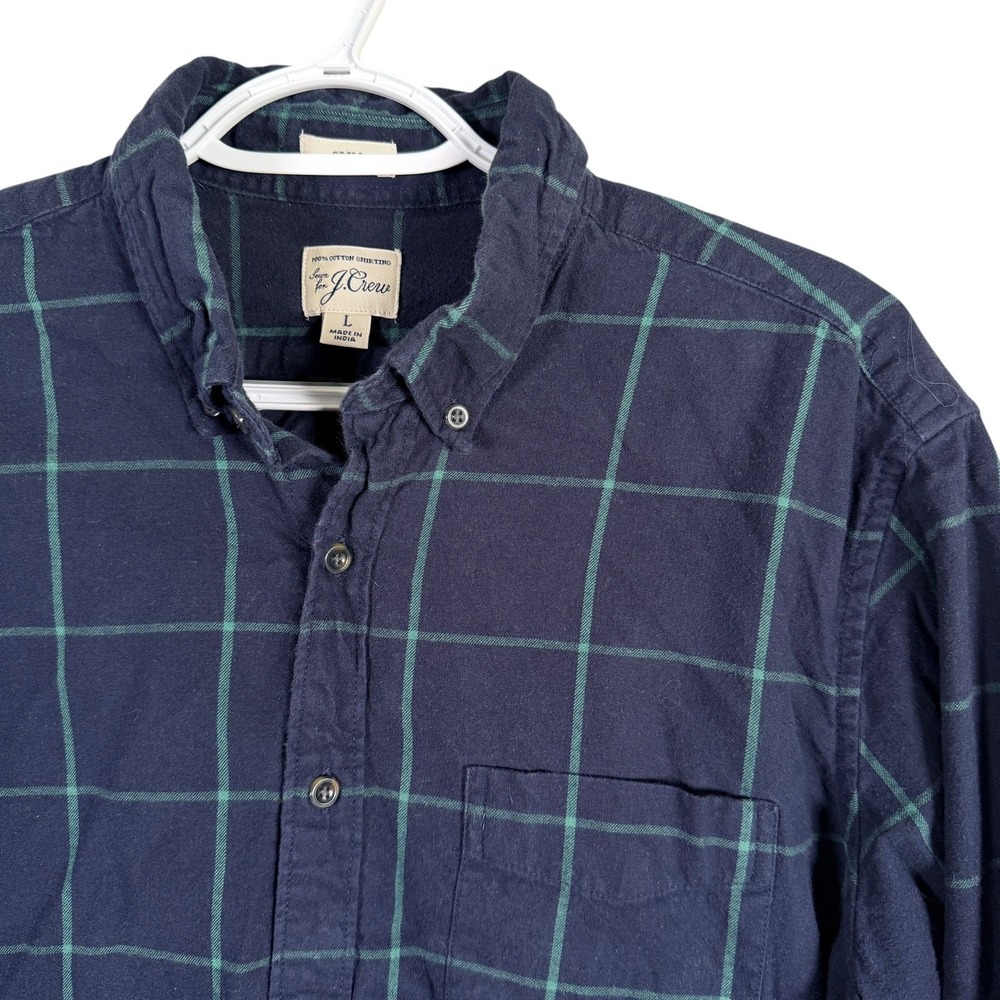J.Crew Button Down Shirt Mens L Navy Blue Green Slim Fit Windowpane‎ Plaid